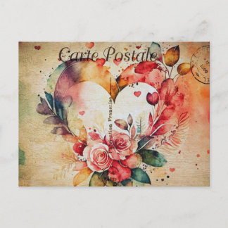 Vintage Watercolor Heart & Flowers 1 Postkarte