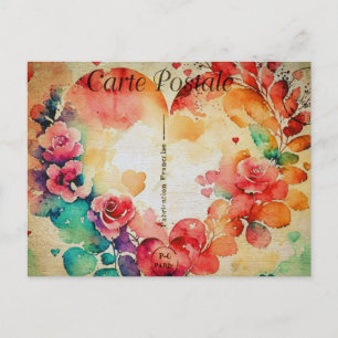 Vintage Watercolor Heart & Flowers 3 Postkarte
