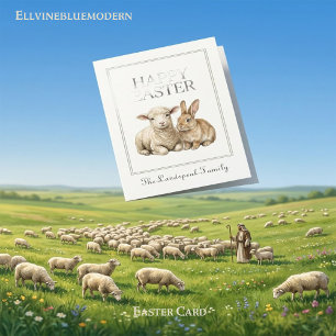 Vintage-Watercolor-Lamm-und-Hasen-Silber-Ostern Karte