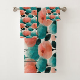 Vintage Watercolor Pink and Green Floral Badhandtuch Set