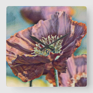 Vintage Watercolor Red Purple Poppy Flowers  Quadratische Wanduhr