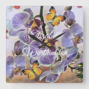 Vintage Watercolor White Purple Pink Orchid Flower Quadratische Wanduhr