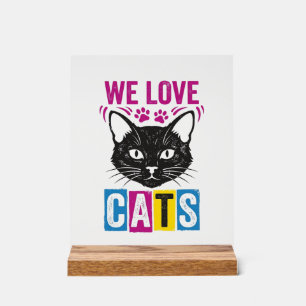 Vintage We Love Cats Katzen Gesicht Grafik T-Shirt Acrylschild