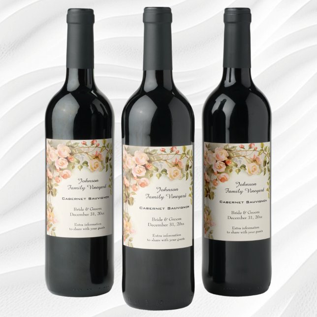 Vintage Wedding Antique Pink Rose Flowers Weinetikett (Vintage Wedding Antique Pink Rose Flowers Wine Label)