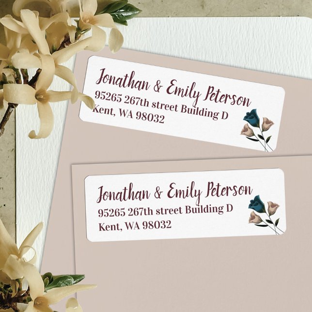 Vintage Wedding Aquamarin, Beige Rose Adresse (Teal Beige Roses Wedding Invitation Address Label, Burgundy Script Writing)