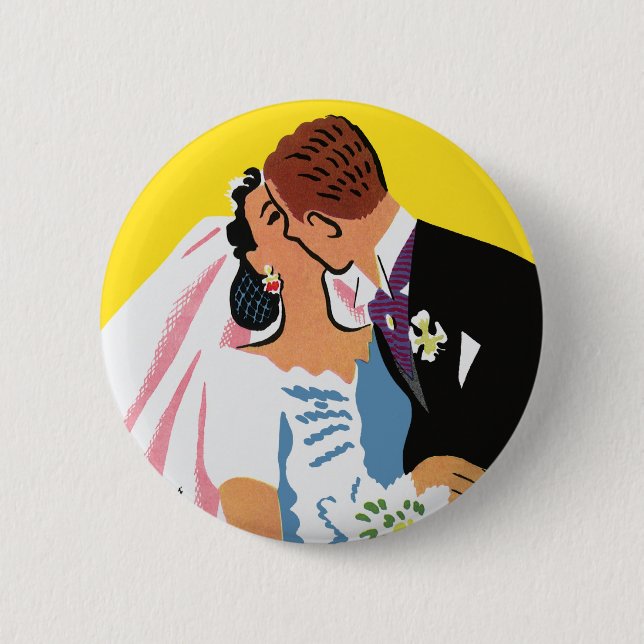 Vintage Wedding, Bride and Groom Newlyweds Küssen Button (Vorderseite)