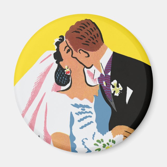 Vintage Wedding, Bride and Groom Newlyweds Küssen Magnet (Vorne)