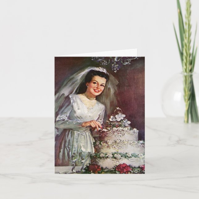 Vintage Wedding, Bride Cutting die Hochzeitstorte Dankeskarte (Vorderseite)