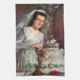 Vintage Wedding, Bride Cutting die Hochzeitstorte Geschirrtuch