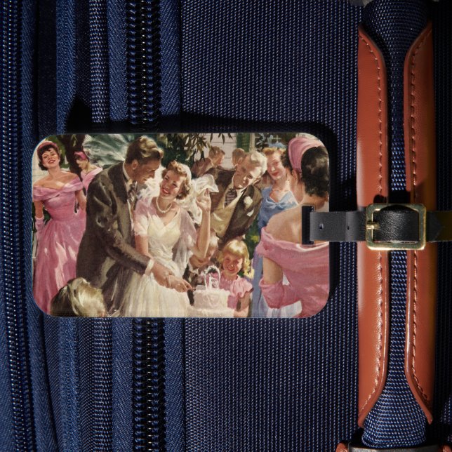 Vintage Wedding Bride Groom Neugierige Cut Cake Gepäckanhänger (Vorderseite Insitu 4)