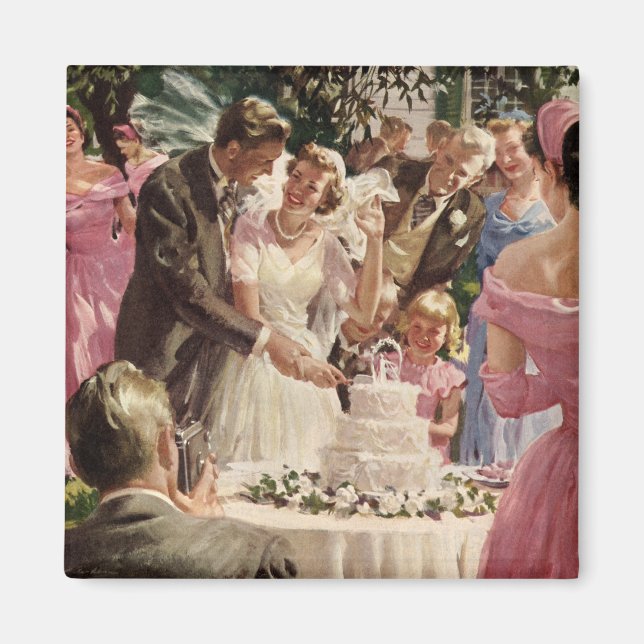 Vintage Wedding Bride Groom Neugierige Cut Cake Magnet (Vorne)