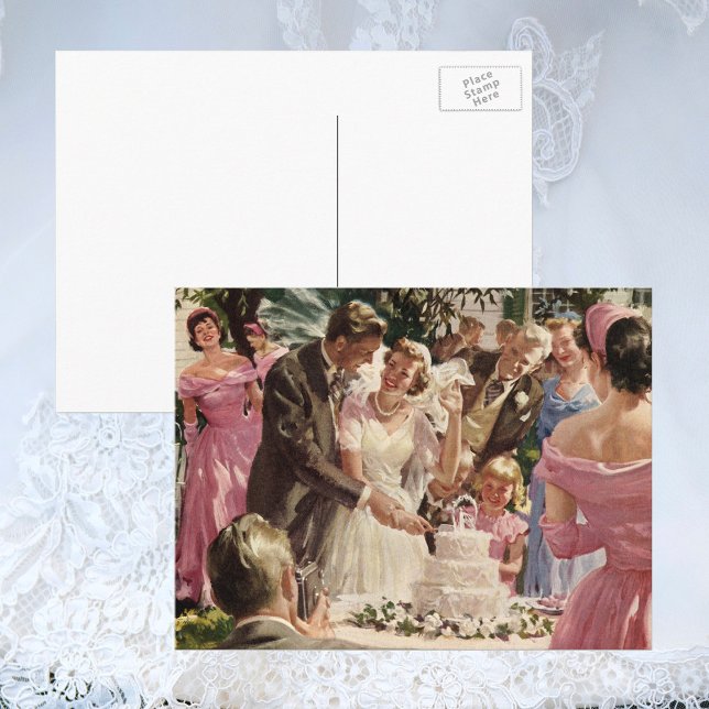 Vintage Wedding Bride Groom Neugierige Cut Cake Postkarte (Von Creator hochgeladen)