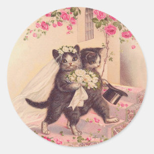 Vintage Wedding Cats Brie and Groom Runder Aufkleber