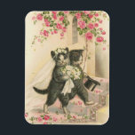 Vintage Wedding Cats, Magnet<br><div class="desc">Eine Vintage Abbildung von Braut- und Bräutigkatzenkatzen an ihrem Hochzeitstag. Sie gehen auf Hinterbeinen in ihrer Hochzeitskleidung, die Braut, die einen Strauß trägt, entlang eines Rose Blütenwanderweges. Über ihnen hängt ein Bogen rosa Rosen.</div>