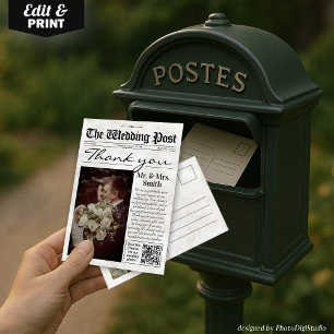 Vintage Wedding Dankeschön Card, Hochzeitzeitung Dankeskarte