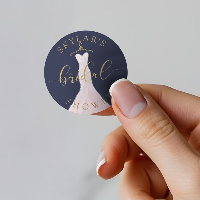 Vintage Wedding Dress Navy & Gold Brautparty Runder Aufkleber (Vintage Wedding Dress Navy & Gold Bridal Shower Classic Round Sticker)