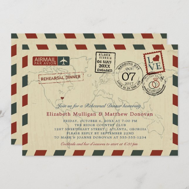 Vintage Wedding Georgia Airmail Probe Dinner Einladung (Vorne/Hinten)