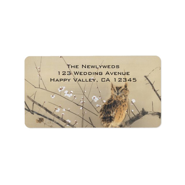 Vintage Wedding, Japanische Eule und Pflaumenbaum Adressaufkleber (Vorne)