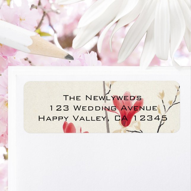 Vintage Wedding, japanischer Rosa Magnolia Tree (Vintage Wedding, Japanese Pink Magnolia Tree Flowers Return Address Label)