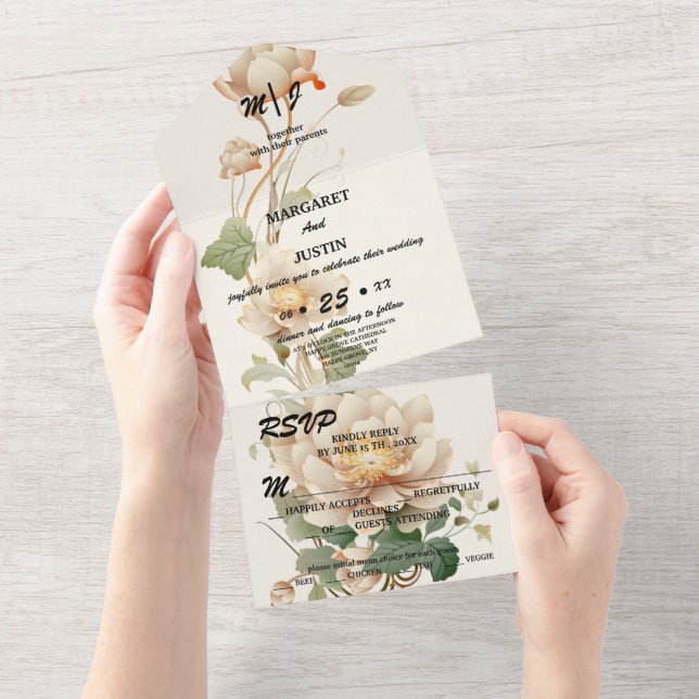 Vintage Wedding Lotus Blume All In One Einladung (Abreißen)