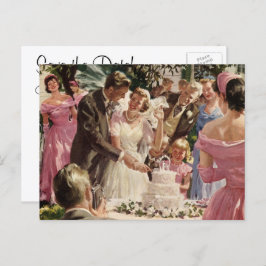 Vintage Wedding Newlyweds Cut Cake Save the Date Ankündigungspostkarte