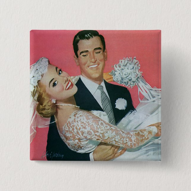 Vintage Wedding Newlyweds, Groom Carry Bridge Button (Vorderseite)