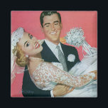 Vintage Wedding Newlyweds, Groom Carry Bridge Magnet<br><div class="desc">Fun Retro 50er kitsch Design für einen Kühlschrank Magneten! Vintage Illustration Liebe und romantisches Hochzeitsbild mit einem hübschen Bräutigam,  der seine wunderschöne Braut trägt.</div>