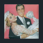 Vintage Wedding Newlyweds, Groom Carry Bridge Magnet<br><div class="desc">Fun Retro 50er kitsch Design für einen Kühlschrank Magneten! Vintage Illustration Liebe und romantisches Hochzeitsbild mit einem hübschen Bräutigam,  der seine wunderschöne Braut trägt.</div>