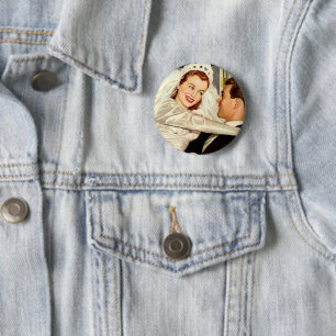 Vintage Wedding Newlyweds, Happy Bridge and Groom Button