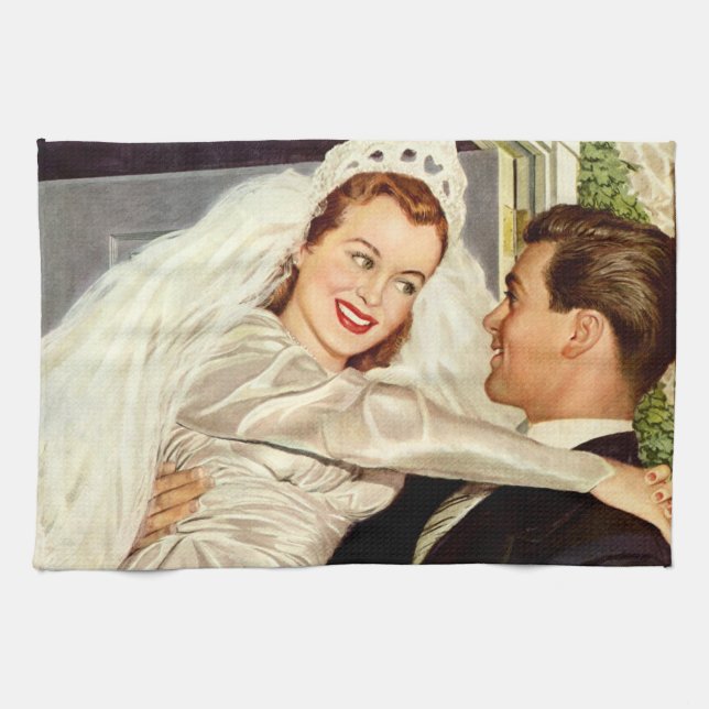 Vintage Wedding Newlyweds, Happy Bridge and Groom Geschirrtuch (Horizontal)