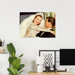 Vintage Wedding Newlyweds, Happy Bridge and Groom Poster