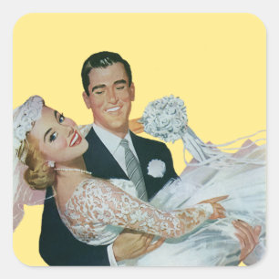 Vintage Wedding Newlyweds, Happy Bridge and Groom Quadratischer Aufkleber