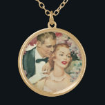 Vintage Wedding Portrait, Retro Bridge und Groom Vergoldete Kette<br><div class="desc">Vintage Illustration Liebe und romantisches Hochzeitsbild mit einem Blumenportrait mit Braut in ihrem Hochzeitskleid und dem Bräutigam in seinem Smoking,  umgeben von rosa-weißen Blume.</div>