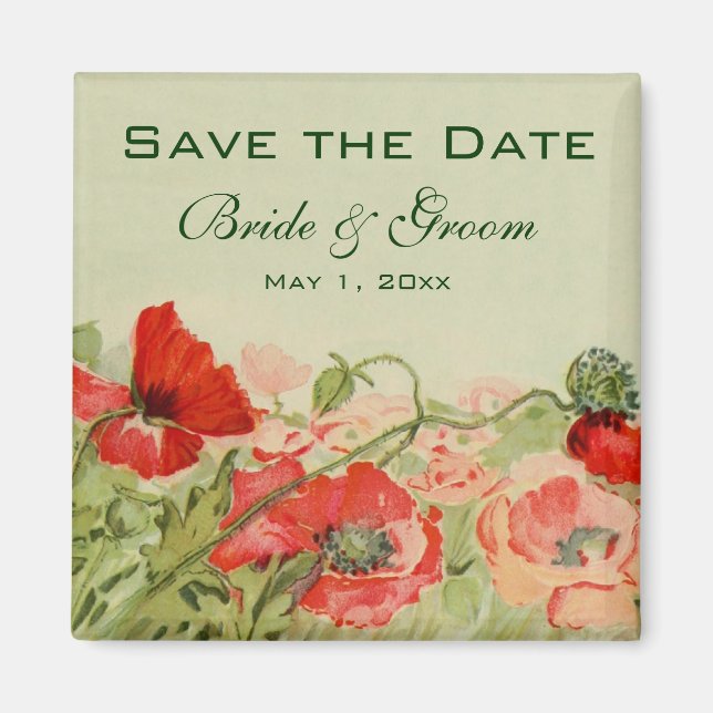 Vintage Wedding, Red Poppies Blume Save the Date Magnet (Vorne)