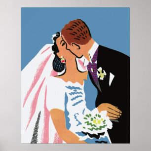 Vintage Wedding, Retro Bridge und Groom Kissing Poster
