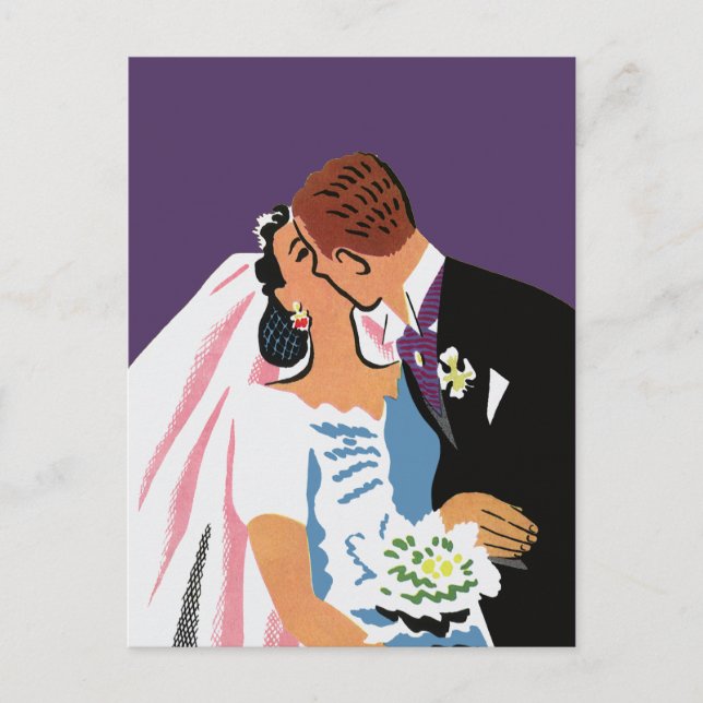 Vintage Wedding, Retro Bridge und Groom Kissing Postkarte (Vorderseite)