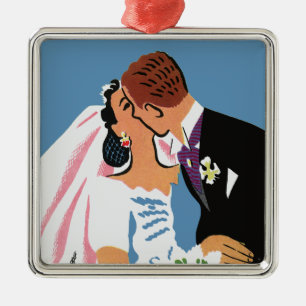 Vintage Wedding, Retro Bridge und Groom Kissing Silbernes Ornament