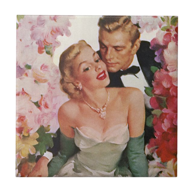 Vintage Wedding, Retro Bridge und Groom Newlyweds Fliese (Vorderseite)