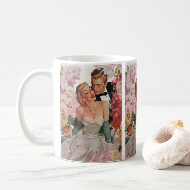 Vintage Wedding, Retro Bridge und Groom Newlyweds Kaffeetasse (Mit Donut)
