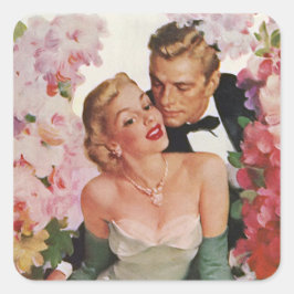 Vintage Wedding, Retro Bridge und Groom Newlyweds Quadratischer Aufkleber