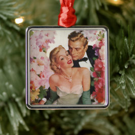 Vintage Wedding, Retro Bridge und Groom Newlyweds Silbernes Ornament
