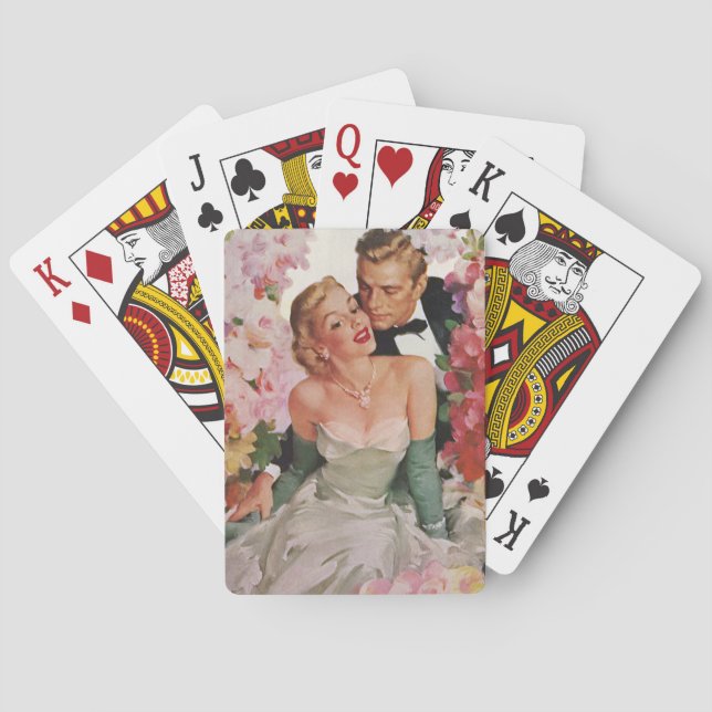 Vintage Wedding, Retro Bridge und Groom Newlyweds Spielkarten (Rückseite)