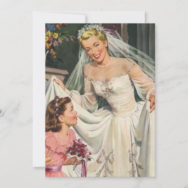 Vintage Wedding, Retro Bridge with Flower Girl Einladung (Vorderseite)