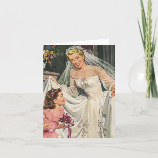 Vintage Wedding, Retro Bridge with Flower Girl Karte (Vorderseite)