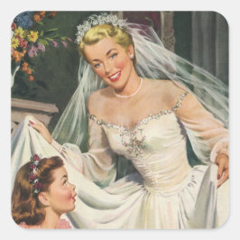 Vintage Wedding, Retro Bridge with Flower Girl Quadratischer Aufkleber