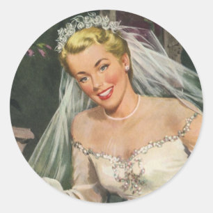 Vintage Wedding, Retro Bridge with Flower Girl Runder Aufkleber