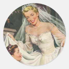 Vintage Wedding, Retro Bridge with Flower Girl Runder Aufkleber