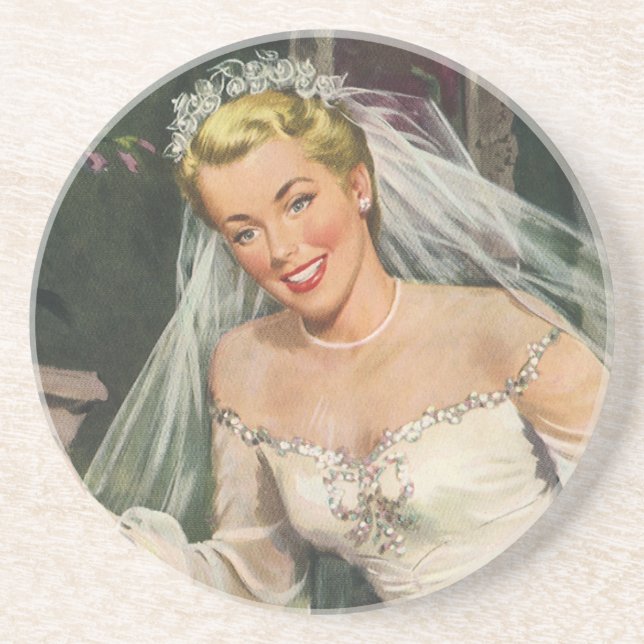 Vintage Wedding, Retro Bridge with Flower Girl Sandstein Untersetzer (Vorne)