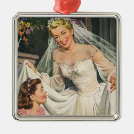 Vintage Wedding, Retro Bridge with Flower Girl Silbernes Ornament