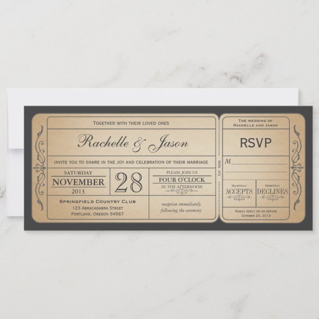Vintage Wedding Ticket Einladung mit UAWG (Vorderseite)